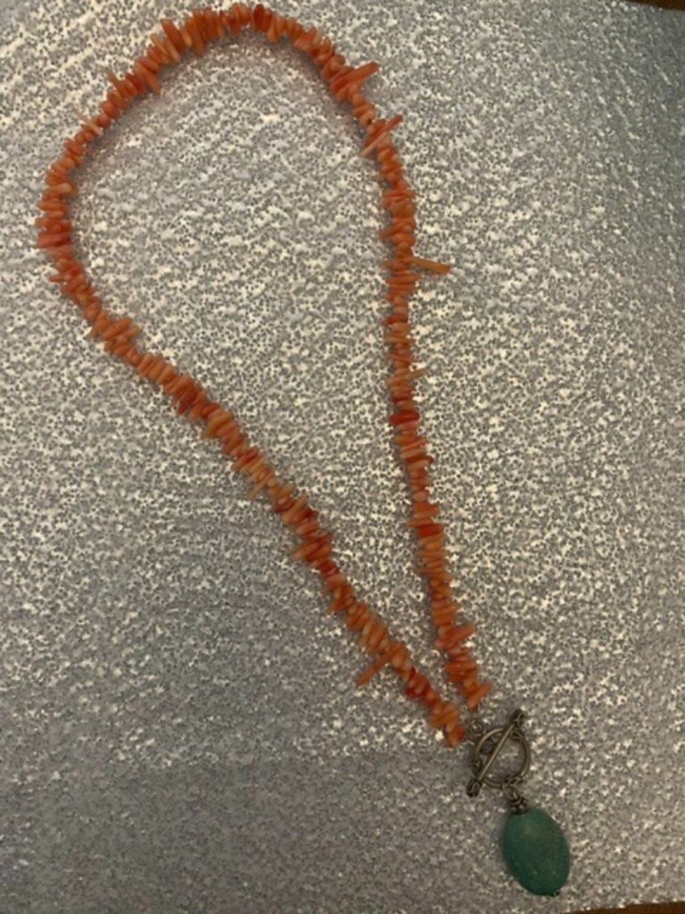 Single-strand coral chip and branch necklaces  with turquoise colored nugget